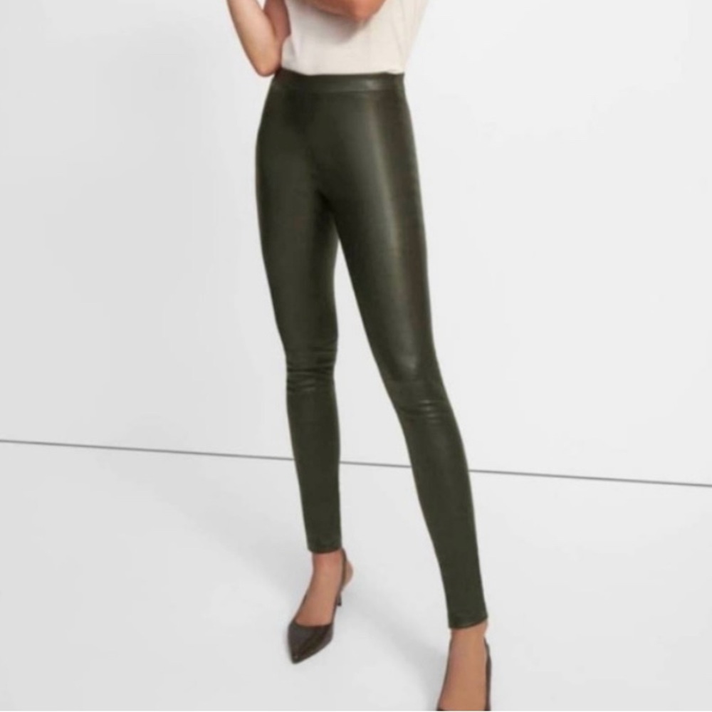 Theory Skinny Legging Bristol Lamb Leather Gray Green Flat Front Stretch Pants 4